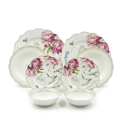 GP 60 – Victoria Dinner Set – 24pcs White Dinner Set With Debossed Floral Design And Silver Rim