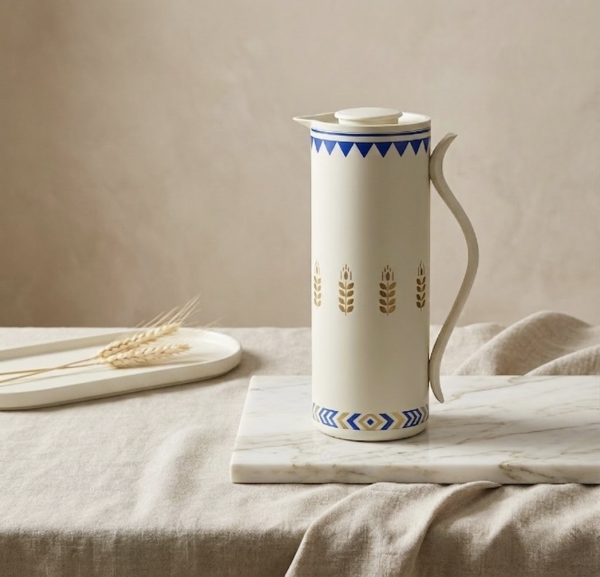 Vacuum Flask – 1.0L – White with Blue & Gold Decal Design