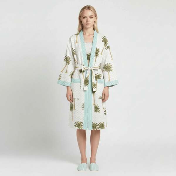 Palm Tree Print Cotton Dressing Gown Kimono