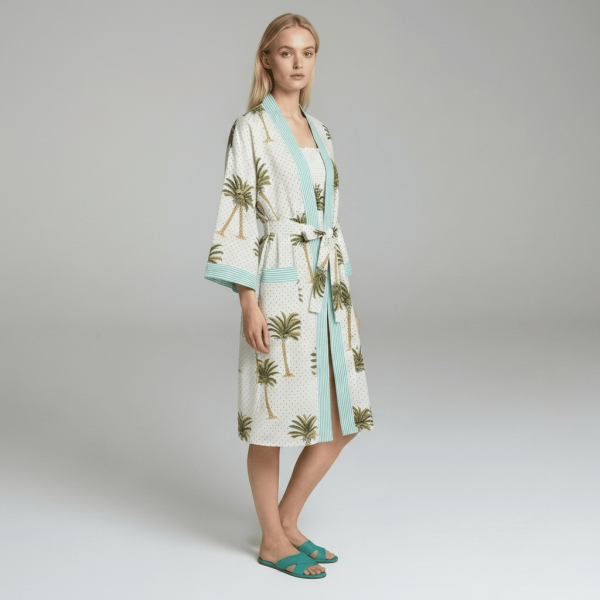 Palm Tree Print Cotton Dressing Gown Kimono