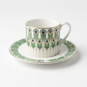 White Ceramic Cups With Green Feather Design – 6pcs Cups And Saucer Set 180cc