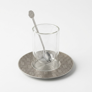 Double Wall Glass Tea Cups With Matt Silver Saucer - 18pcs