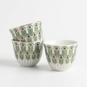 White Ceramic Cawa Cups With Green Feather Design – Cawa Cup Set 12pcs 80cc