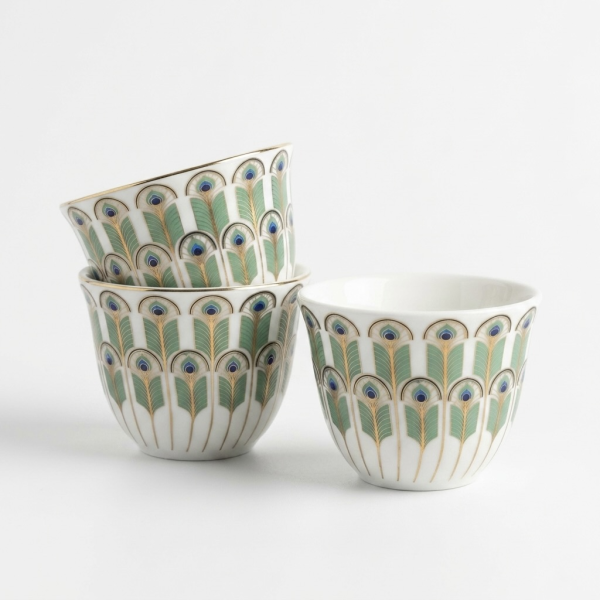 White Ceramic Cawa Cups With Green Feather Design – Cawa Cup Set 12pcs 80cc