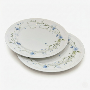 White Ceramic Dinner Plate With Green Leaves And Blue Flower Petals – 10.5 inches 6pcs